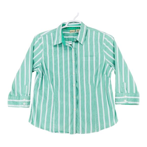 L.L. Bean Tops - LL BEAN Shirt Womens L Button Up Blouse Top Striped 3/4 Sleeve Green